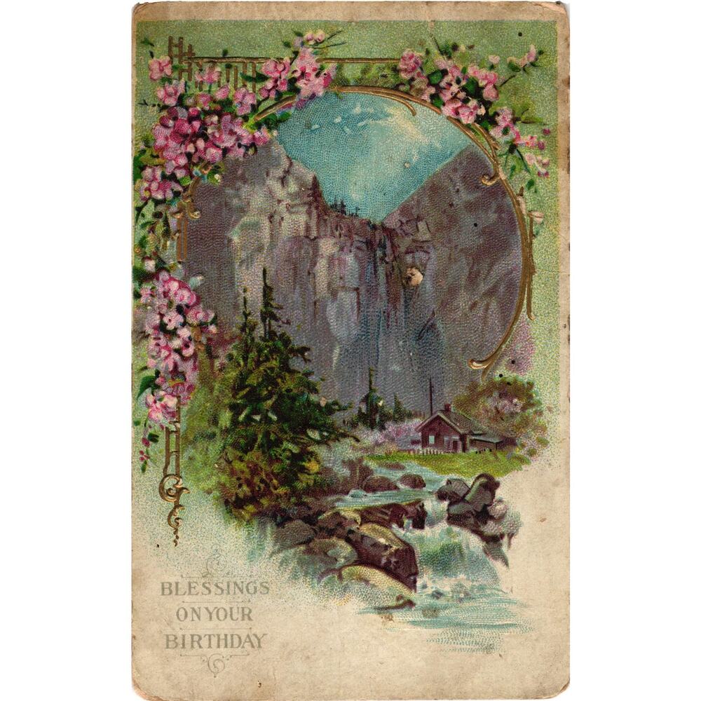 Birthday Blessings Floral Waterfall Scene Postcard Embossed Unposted‎ Noted 1911